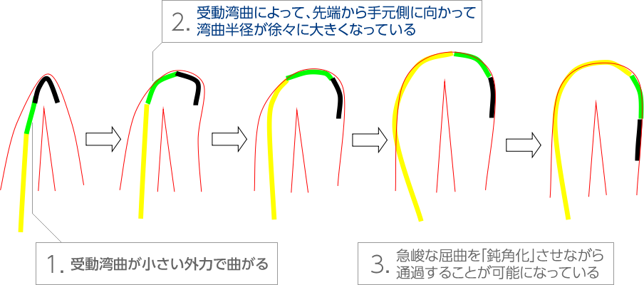 1.受動湾曲が小さい外力で曲がる 2.受動湾曲によって、先端から手元側に向かって湾曲半径が徐々に大きくなっている 3.急峻な屈曲を「鈍角化」させながら通過することが可能になっている